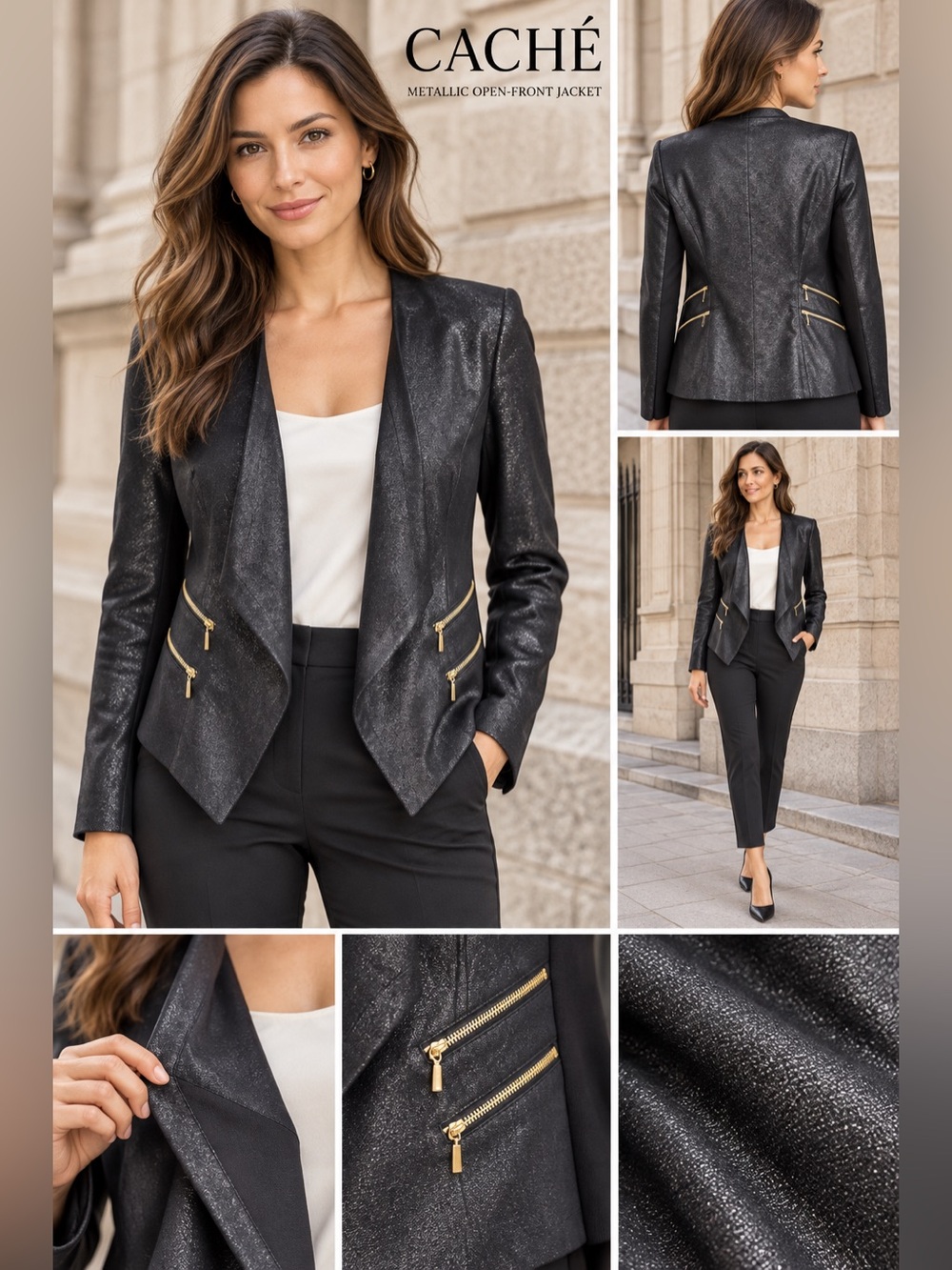 Cache Black Metallic Open Front Jacket Gold Zipper Details Size 0